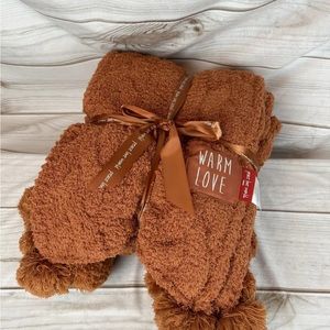 Peace Love World Cinnamon 60" x 70" Mega Luxe Cable Knit Throw with Pom-Poms